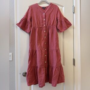 Chelsea & Theodore gauze cotton tiered full button down v neck dress. Beach. EUC